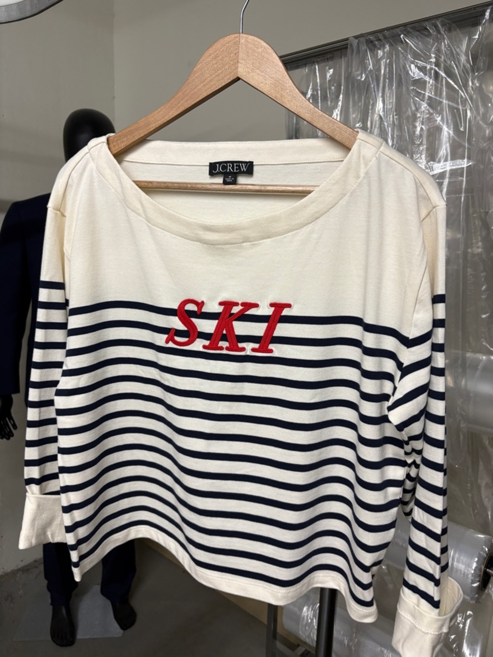 J. Crew Cream & Navy Striped 'SKI' Appliqué Boatneck Top